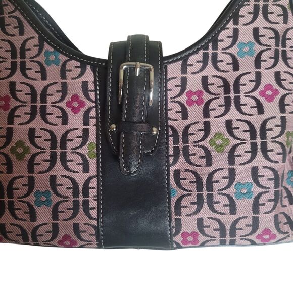 Fossil Monogram Shoulder Bag Purse Handbag Pink Black Leather Trim Flower Boho - Picture 3 of 13